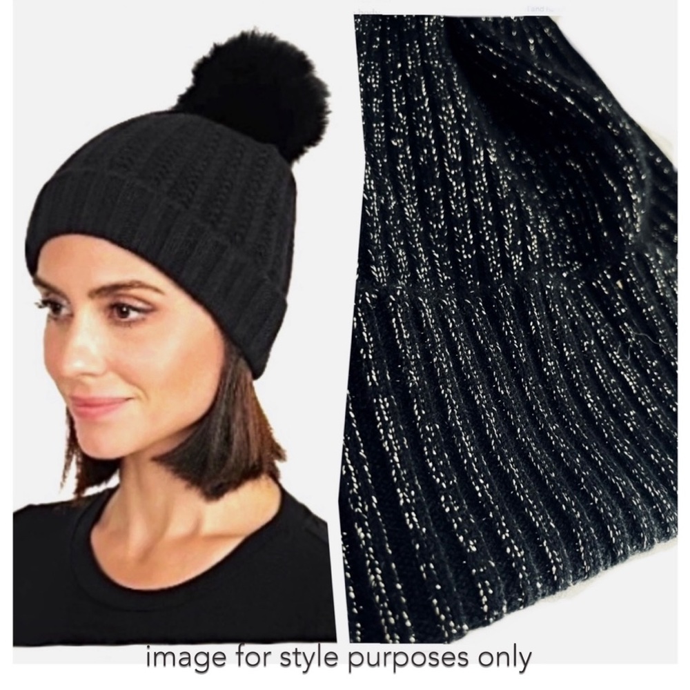 Sofia Cashmere Black Knit Hat with Pom Pom